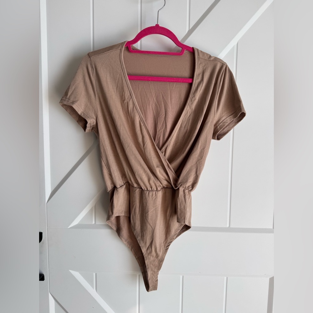 Tan Short Sleeve Wrap Bodysuit